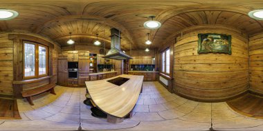 Grodno, Belarus - 23 Aralık 2016: Panorama tatil ahşap ev iç mutfakta. Tam 360 tarafından 180 derece sorunsuz küresel panorama equirectangular projeksiyon. VR Ar içeriği