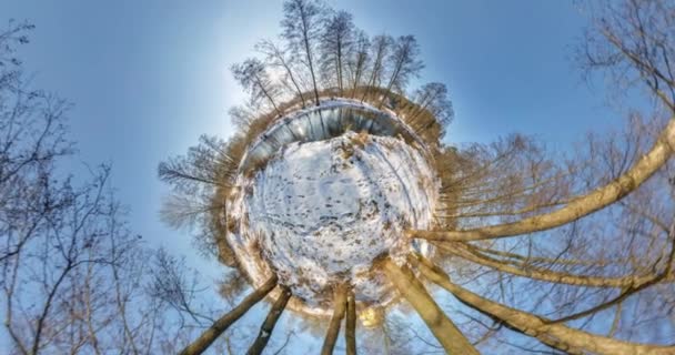 Pequeño Planeta Transformación Panorama Pleno Vuelo Con Subida Cielo Paisaje — Vídeo de stock