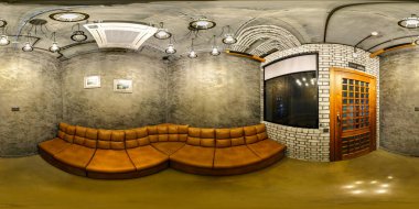 Minsk, Beyaz Rusya - 31 Ekim 2015: Panorama iç şık dinlenme salonu piyano ile modern coworking odasında. Tam 360 tarafından 180 seamless panorama equirectangular küresel projeksiyon. VR içeriği