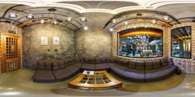 Minsk, Beyaz Rusya - 31 Ekim 2015: Tam 360 tarafından 180 seamless panorama coworking iç şık modern tuvaletinde içinde küresel projeksiyon equirectangular