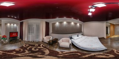 Grodno, Belarus - 08 Ağustos 2013: Modern loft daire iç, yatak odası, kırmızı stil rengini salonda, tam 360 tarafından 180 derece seamless panorama equirectangular küresel projeksiyon, Vr içerik
