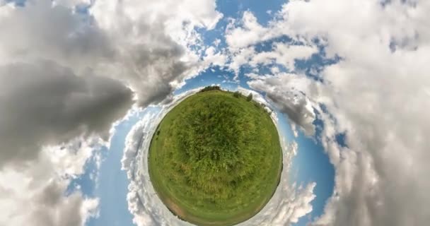 Little Planet Transformation Curvature Space Full Flyby Panorama Landscape Field — Stock Video