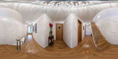 Praha, Çek - Temmuz 21, modern giriş salonu merdiven ve parke zemin ile 2014:360 panorama görünümünde tam 360 180 derece panorama equirectangular küresel projeksiyon, Loca Vr içeriği tarafından