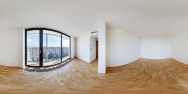  Panorama of modern white empty loft apartment interior living hall room, full 360 seamless panorama in equirectangular spherical projection,  skybox VR content clipart