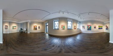 MINSK, BELARUS - SEPTEMBER 4, 2017: 360 panorama view in interior of contemporary art gallery with famous paintings. Full 360 by 180 degree seamless panorama  in equirectangular spherical projection. clipart