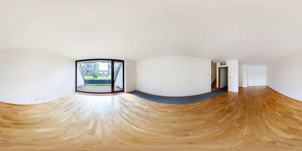 360 Πανοραμική Άποψη Στο Εσωτερικό Διαμέρισμα Μοντέρνο Λευκό Άδειο Πατάρι — Φωτογραφία Αρχείου