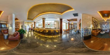 MINSK, BELARUS - AUGUST, 2017: full seamless spherical panorama 360 angle view inside interior of hall in modern cafe bar in equirectangular equidistant projection. VR content
