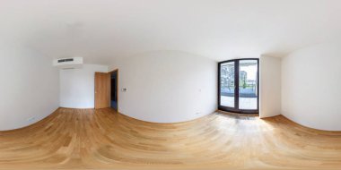 Panorama 360 view in modern white empty loft apartment interior of living room hall, full  seamless 360 degrees angle view panorama in equirectangular spherical equidistant projection. VR AR content clipart
