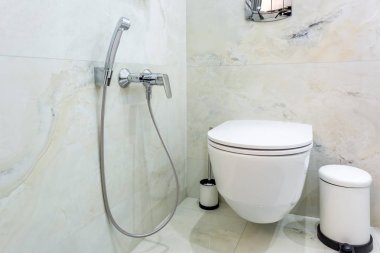 Duş kabini duvarına monte edilmiş tuvalet ve detaylar