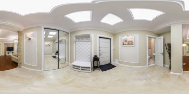 GRODNO, BELARUS - APRIL 27, 2017: 360 panorama view in modern white empty hallway in elite luxury loft flat, full 360 by 180 degrees panorama in equirectangular spherical projection, skybox VR content clipart