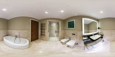 Minsk, Beyaz Rusya - Temmuz 27, modern boş tuvalet banyo tuvalet lavabo, 2017:360 panorama görünümünde tam 360 180 derece panorama equirectangular küresel projeksiyon, Loca Vr Ar içeriği tarafından