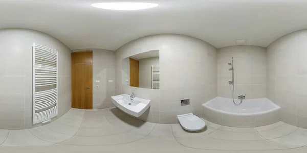360 panorama view in modern white empty restroom bathroom lavatory, full 360 by 180 degrees panorama in equirectangular spherical projection, skybox VR content
