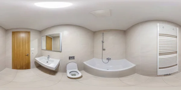 360 panorama view in modern white empty restroom bathroom lavatory, full 360 by 180 degrees panorama in equirectangular spherical projection, skybox VR content