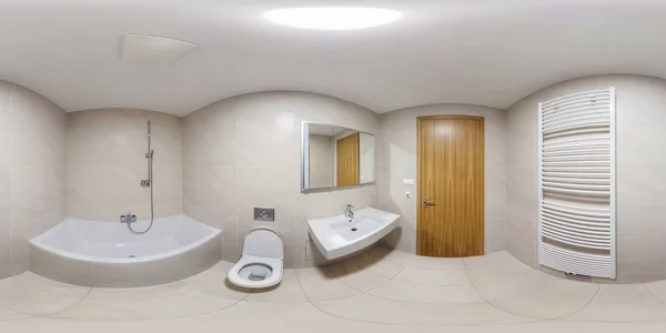 360 panorama view in modern white empty restroom bathroom with shower cabin, full 360 by 180 degrees panorama in equirectangular spherical projection, skybox VR content