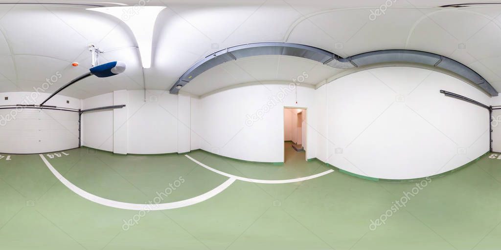 360 panorama view in interior of empty underground garage in the elite house, full 360 by 180 degrees panorama in equirectangular spherical projection, VR AR content