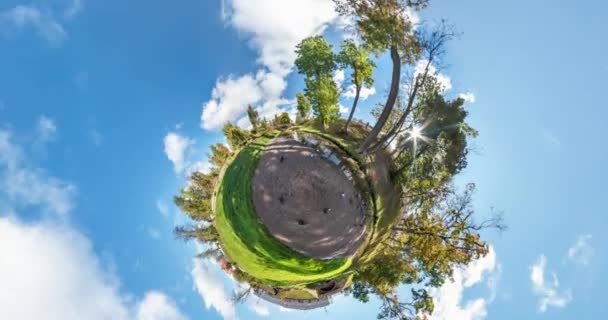 Little Planet Transformation Curvature Space Full Flyby Panorama Rise Sky — Stock Video