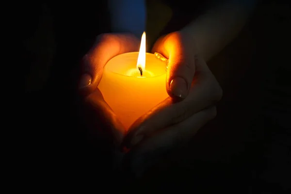 Burning Candle Hands Praying Girl Black Background — Stock Photo, Image