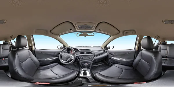 360 Кутовий Панорамний Вид Салоні Престижного Сучасного Автомобіля Повний 360 — стокове фото