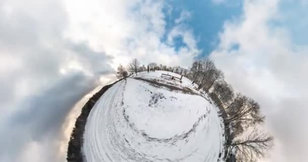 Маленька Планета Перетворення Викривленням Простору Повна Панорама Підйомом Небо Зимового — стокове відео
