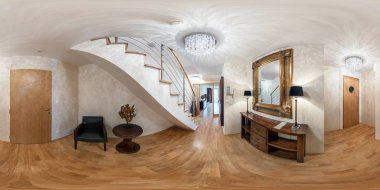 Praha, Çek - Ağustos 8, 2013:360 açı büyük bir koridor içinde panorama görünümüyle modern loft merdivenlerde. Tam 360 tarafından 180 derece sorunsuz equirectangular eşit uzaklıkta küresel panorama. VR ar içeriği