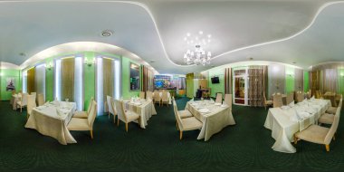 Grodno, Belarus - 1 Nisan 2014: tam 360 derece panorama equirectangular küresel eşit uzaklıkta projeksiyon. Panorama Otel Fransa tarzı, Vr içerik şık kafe iç