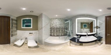 Minsk, Beyaz Rusya - Ağustos 18, 2017:360 panorama iç banyo tuvalet modern otel içinde. Tam 360 derecelik açı görünümü seamless panorama equirectangular küresel eşit uzaklıkta projeksiyon