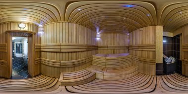 Gomel, Beyaz Rusya - Kasım 4, 2017:360 panorama görünümünde küçük ahşap Rus hamamı sauna açı. Tam 360 tarafından 180 derece sorunsuz equirectangular eşit uzaklıkta küresel panorama. VR ar içeriği