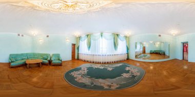 Smorgon, Belarus - Mart, 2013: Tam küresel seamless panorama 360 derece equirectangular projeksiyon, iç Oda Salon modern kayıt ofisi, Vr içerik içinde panorama görüş açısı