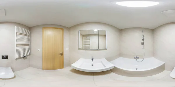 360 panorama view in modern white empty restroom bathroom with shower cabin, full 360 by 180 degrees panorama in equirectangular spherical projection, skybox VR content