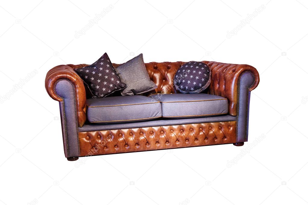 dark brown leather sofa with pillows in chester style for elite loft interior isolated white background