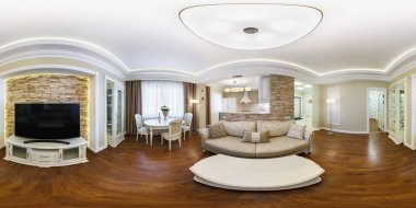 Grodno, Belarus - Nisan, 2017: Panorama 360 loft daireler modern konuk odası binasının iç görüş açısı. Eşit aralıklı dikdörtgen küresel eşit uzaklıkta projeksiyon tam 360 derece seamless panorama.