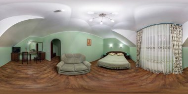 Grodno, Belarus - Kasım 13, 2011:360 panorama iç stüdyo daire içinde modern yatak odası. Eşit aralıklı dikdörtgen eşit uzaklıkta projeksiyon tam küresel 360 derece seamless panorama. VR Ar içeriği