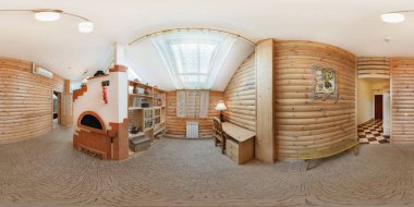 Mogilev, Beyaz Rusya - Haziran 2012: Panorama 360 ahşap rustik tarzda iç şık oda içinde görüş açısı. Eşit aralıklı dikdörtgen eşit uzaklıkta küresel projeksiyon tam 360 derece seamless panorama