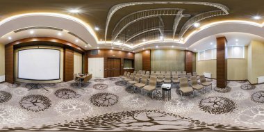 Minsk, Beyaz Rusya - 27 Temmuz 2017: panorama 360 görünümü iç lüks boş konferans salonu iş toplantıları için tam 360 tarafından 180 derece panorama equirectangular projeksiyon, Loca Vr içeriği