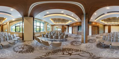 MINSK, BELARUS - JULY, 2017: panorama 360 angle view in interior of luxury empty conference hall for business meetings, full 360 degrees panorama in equirectangular projection, skybox VR AR content clipart
