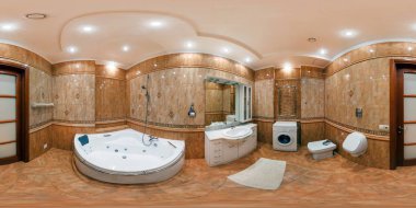 Grodno, Belarus - Şubat, 2013: panorama 360 turuncu tarzı modern düz daireler iç banyoda görüş açısı. Eşit aralıklı dikdörtgen projeksiyon tam küresel 360 derece seamless panorama