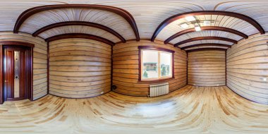 Gomel, Belarus - Aralık, 2017: panorama 360 açı ahşap köyü tatil evi odasında iç boş hall. eşit aralıklı dikdörtgen küresel projeksiyon tam 360 derece panorama. VR içeriği