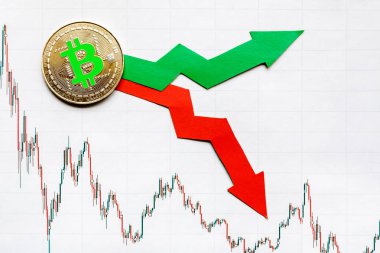 dalgalanmalar ve sanal para bitcoin Döviz kurları tahmini. Altın Bitcoin merdiven kağıt forex grafik arka plan üzerinde kırmızı ve yeşil oklarla. Cryptocurrency kavramı.