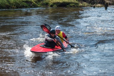 Grodno, Belarus - Nisan, 2018: serbest rekabet şiddetle kürek çekme, zafer ruhu hızlı soğuk su Nehri üzerinde kayık.