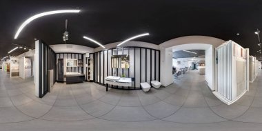 Minsk, Beyaz Rusya - Haziran 2017: panorama 360 iç modern seramik eşya, showroom banyo görüş açısı. Eşit aralıklı dikdörtgen projeksiyon, Vr içerik tam küresel 360 derece seamless panorama