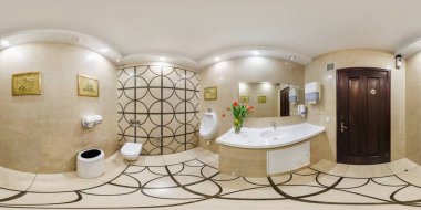 MINSK, BELARUS - MARCH, 2017: panorama 360 angle view in interior of luxury bathroom restroom in elite hotel. Full spherical 360 degrees seamless panorama in equirectangular projection, VR AR content clipart