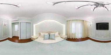 Grodno, Belarus - Mayıs, 2017: panorama 360 iç yatak odasında modern düz daireler içinde görüş açısı. Eşit aralıklı dikdörtgen eşit uzaklıkta projeksiyon tam küresel 360 derece seamless panorama. VR içeriği