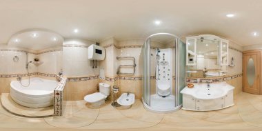 Minsk, Beyaz Rusya - Şubat 2013: panorama 360 iç banyo tuvalet modern düz daireler içinde görüş açısı. Eşit aralıklı dikdörtgen projeksiyon, Vr içerik tam küresel 360 derece seamless panorama