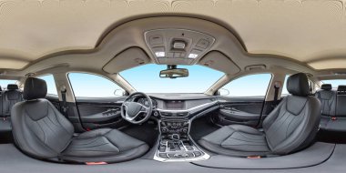 360 panorama görünüm iç prestij modern araba mavi arka plan açı. Tam 360 tarafından 180 derece sorunsuz equirectangular eşit uzaklıkta küresel panorama. Vr ar içerik için arka plan