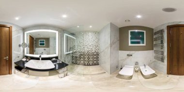 Minsk, Beyaz Rusya - Mayıs, 2017: panorama 360 modern düz daireler iç banyoda görüş açısı. Eşit aralıklı dikdörtgen eşit uzaklıkta projeksiyon tam küresel 360 derece seamless panorama. VR içeriği