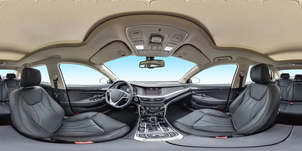 Panorama 360 Kąt Widzenia Wnętrzu Prestiżu Nowoczesny Samochód Niebieskie Tło — Zdjęcie stockowe