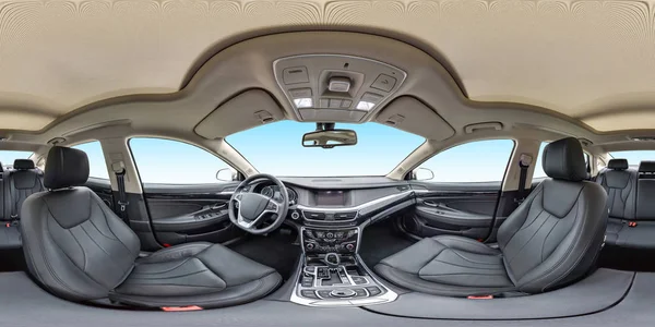 360 panorama görünüm iç prestij modern araba mavi arka plan açı. Tam 360 tarafından 180 derece sorunsuz equirectangular eşit uzaklıkta küresel panorama. Vr ar içerik için arka plan