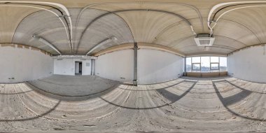 full seamless spherical hdri panorama 360 angle view in interior of empty modern white loft room for office with panoramic windows without repair in equirectangular spherical projection. VR AR content clipart