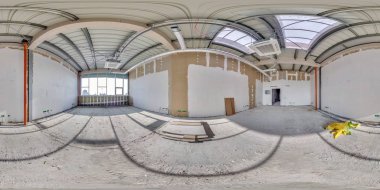 full seamless spherical hdri panorama 360 angle view in interior of empty modern white loft room for office with panoramic windows without repair in equirectangular spherical projection. VR AR content clipart