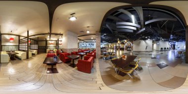 Minsk, Beyaz Rusya - Ekim 2015: tam seamless panorama 360 derece görüş açısı modern ticaret merkezi food court yakınındaki equirectangular küresel panorama kırmızı oturaklı. loca vr ar içeriği